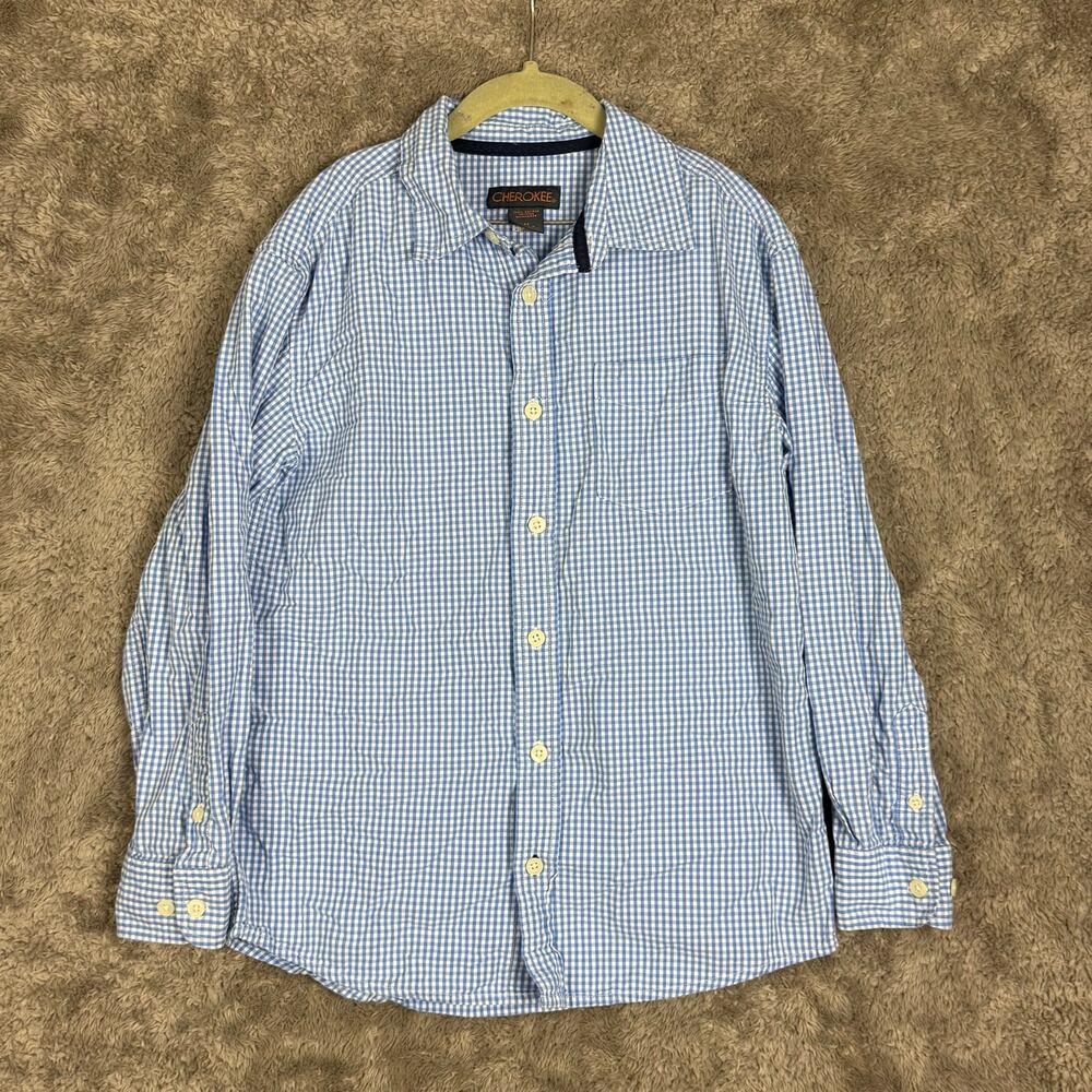 Cherokee Blue White Gingham Check Plaid Button Down Shirt Boys M Medium